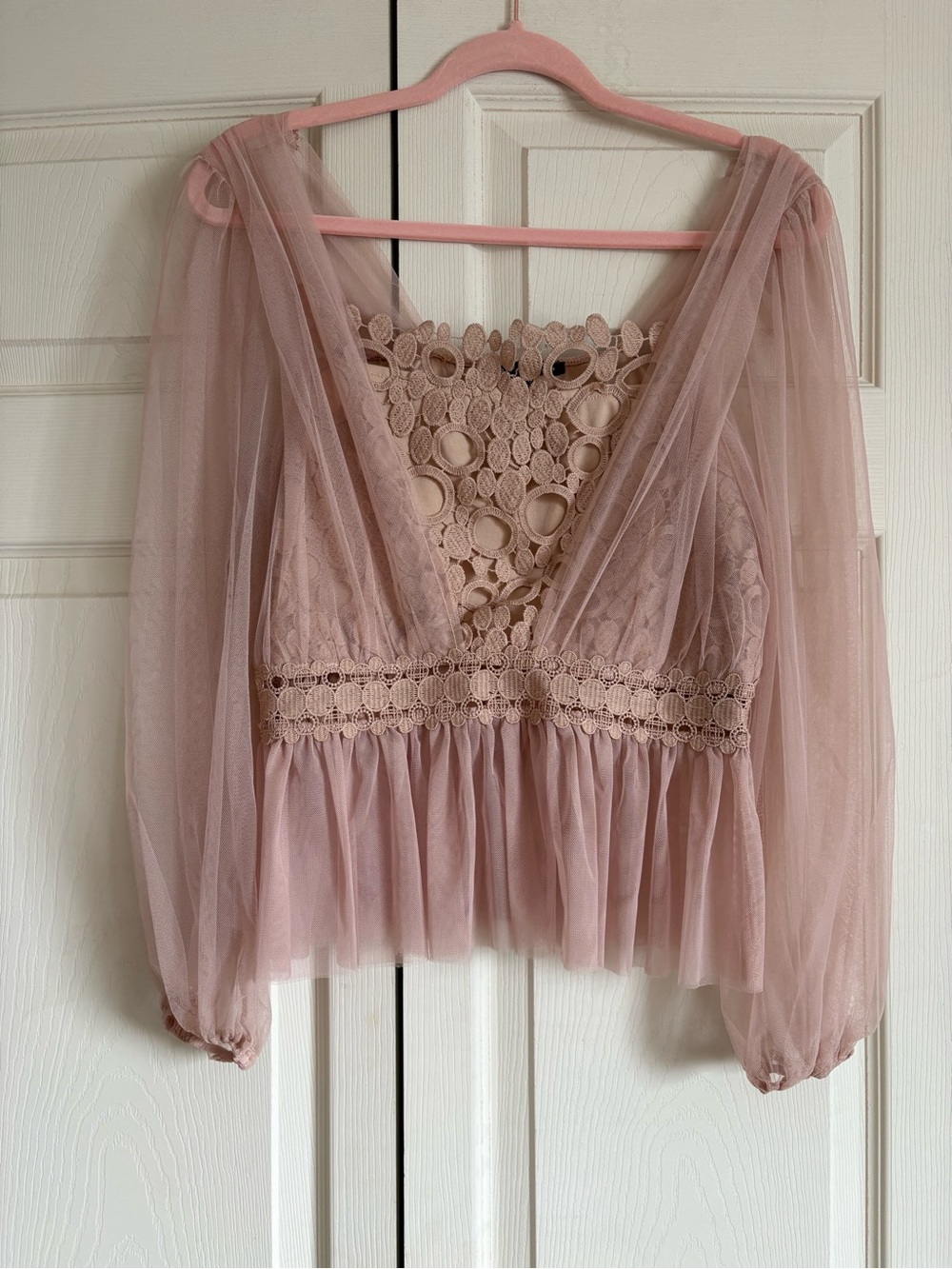 Women’s Lace & Mesh Peplum Top in Dusty Rose